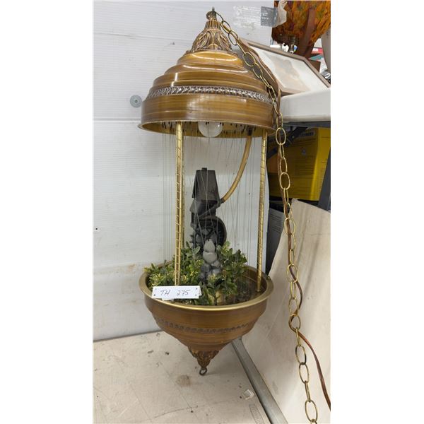 Vintage Hanging Oil Rain Lamp with Cabin Scene and Artificial Greenery