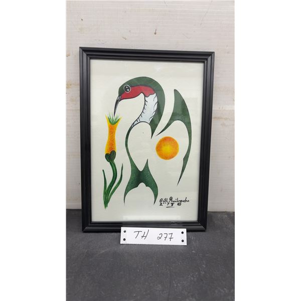 Bill Quilboche Painting of Stylized Bird with Flower and Sun, 2007, 12 x 9"