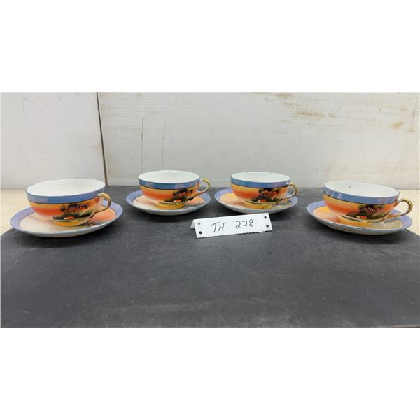Set of Four Japanese Lusterware Teacups and Saucers with Hand-Painted Landscape Scene