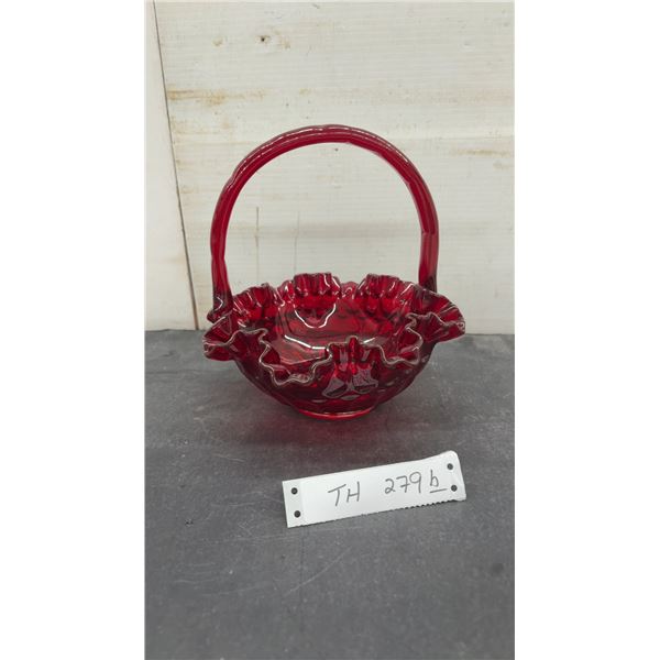 Fenton Ruby Red Glass Basket with Ruffled Silver-Edged Rim, 9" H