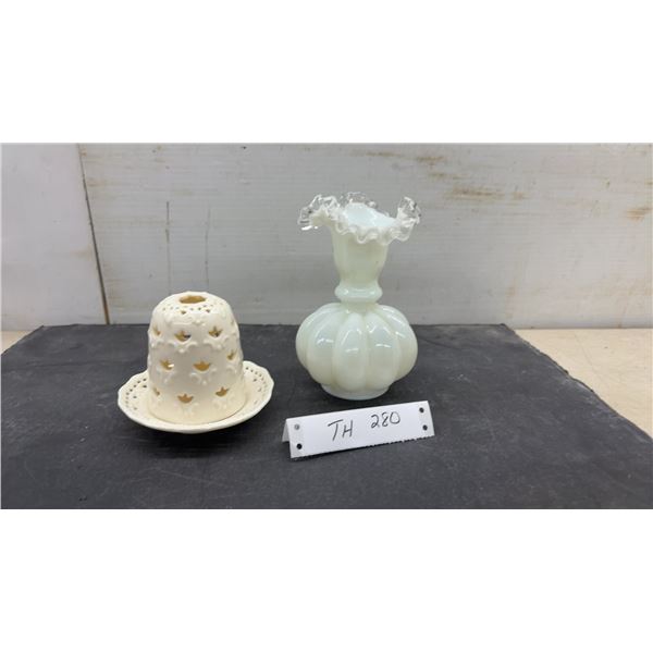 Fenton Melon Vase with Ruffled Clear Rim and Skye McGhie Pierced Ceramic Candle Holder with Plate