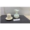 Image 1 : Fenton Melon Vase with Ruffled Clear Rim and Skye McGhie Pierced Ceramic Candle Holder with Plate