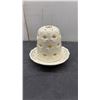 Image 5 : Fenton Melon Vase with Ruffled Clear Rim and Skye McGhie Pierced Ceramic Candle Holder with Plate