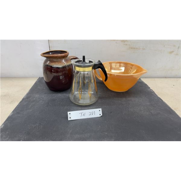 Fire-King Peach Luster Batter Bowl, Drip Glaze Ceramic Pitcher, and Pyrex Glass Carafe