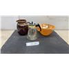 Image 1 : Fire-King Peach Luster Batter Bowl, Drip Glaze Ceramic Pitcher, and Pyrex Glass Carafe