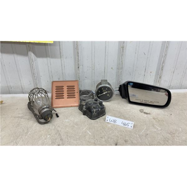 Vintage Auto Parts Lot: Gauge, Distributor Cap, Trouble Light, and Chevy Black Side Mirror NOS