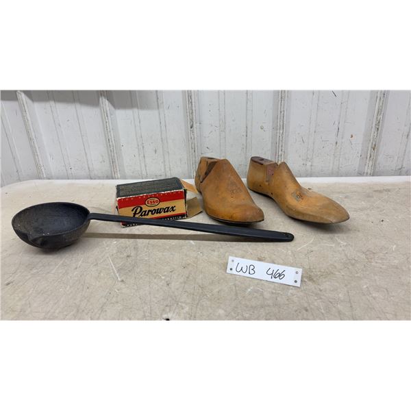 Vintage Cast Iron Ladle, Two Cobbler Shoe Forms, Esso Wax, and More