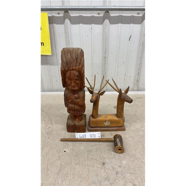 Vintage Indian Wood Carvers Lot: Totem Pole, Pipe, and Deer Sculptures