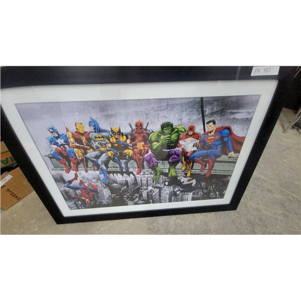 Framed "Lunch Atop a Skyscraper" Marvel and DC Superhero Crossover Print, 20130 27 x 39"