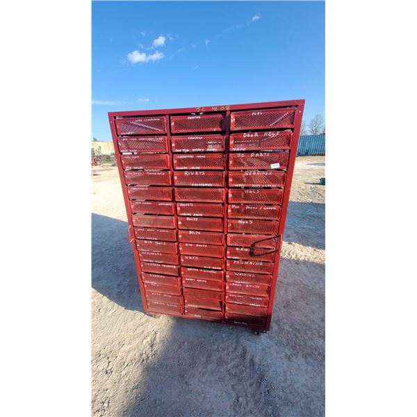 Deni-Rab Red Industrial Mobile Parts Organizer Cabinet with 45 Perforated Metal Drawers 50 x 70 x