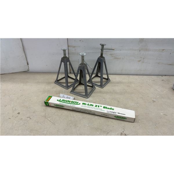 Set of Three Aluminum Trailer Stabilizer Jack Stands and Lawn-Boy Hi-Lift 21" Blade