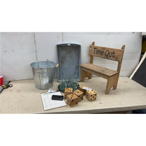 Handmade Wooden "Time Out" Child's Bench, Yardzee Dice Game, Galvanized Bucket, and More