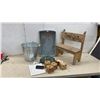 Image 1 : Handmade Wooden "Time Out" Child's Bench, Yardzee Dice Game, Galvanized Bucket, and More