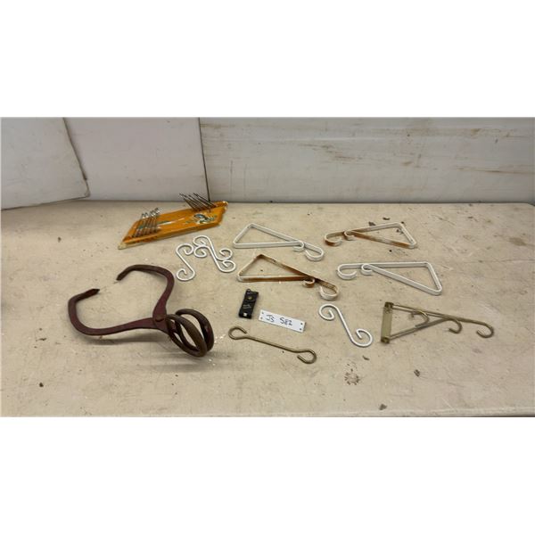 Vintage Wooden Fishing-Themed Tie Rack, Metal Shelf Brackets, Ice Tongs, and More