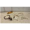 Image 1 : Vintage Wooden Fishing-Themed Tie Rack, Metal Shelf Brackets, Ice Tongs, and More