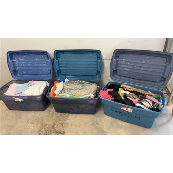 Three Plastic Storage Totes with Fabric, Assorted Colours, Textures & Sizes