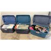 Image 1 : Three Plastic Storage Totes with Fabric, Assorted Colours, Textures & Sizes