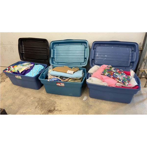 Three Totes with Assorted Fabric, Fleece, Different Colours, Sizes & Quilting Material