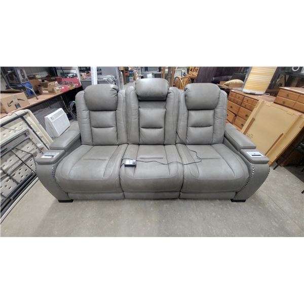 Gray Power Reclining Sofa with USB Ports, Power Outlets, and Nailhead Trim