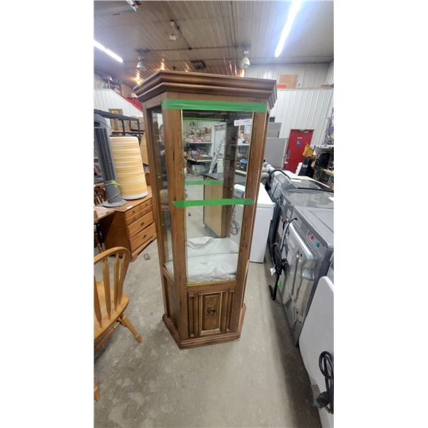 Octagonal Oak Curio Display Cabinet with Mirrored Back and Lower Storage 70 x 30 x 12"