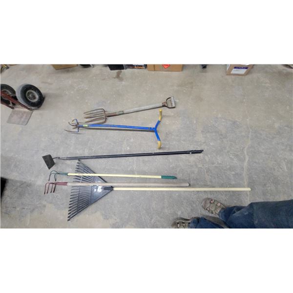 Garden Tool Lot Including Leaf Rake, Cultivators, Hoe, Pitchfork, and More