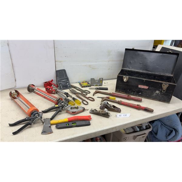 Metal Toolbox with Hand Tools, Nsil Pullers, Block Plane, Caulking Guns, Chizels, Snips, and More.
