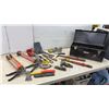 Image 1 : Metal Toolbox with Hand Tools, Nsil Pullers, Block Plane, Caulking Guns, Chizels, Snips, and More.