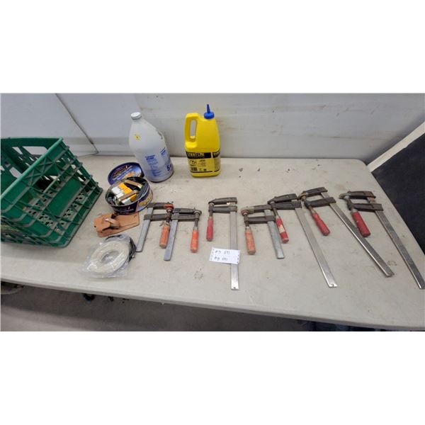 Lot of F-Style Bar Clamps with Red Handles, Chalk Line, Wire, and More