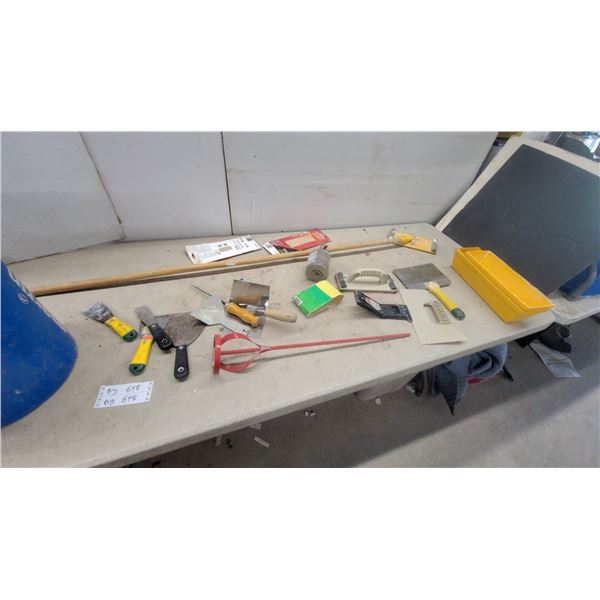 Drywall Tool Lot with Mud Pan, Putty Knives, Mixing Paddle, Pole Sander, and More