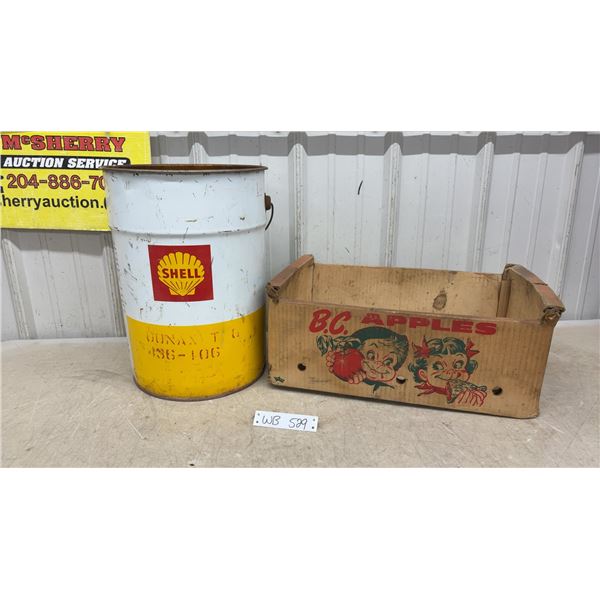 Vintage Shell Oil 5-Gallon Pail and BC Apples Box