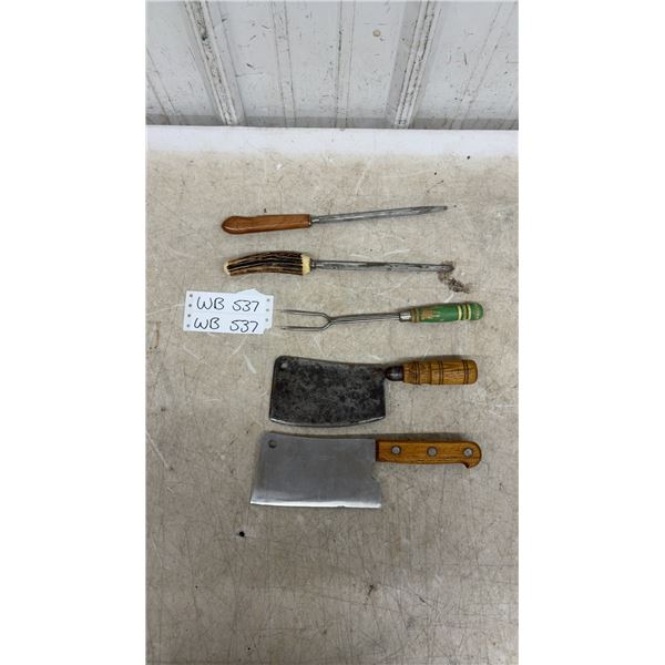 Lot of 2 Vintage Butcher Cleavers and Sharpeners Including Gerlach Stainless Cleaver