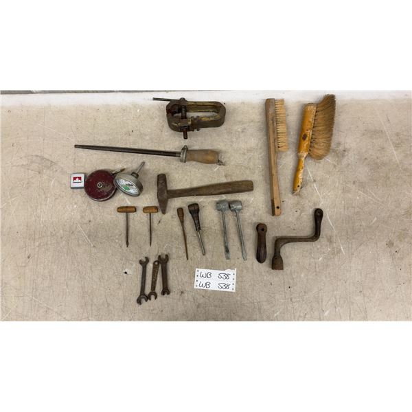 Vintage Carpentry Tools Lot: Vise, Brushes, Gimlets, Tape, Rasp, and More