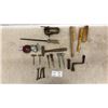 Image 1 : Vintage Carpentry Tools Lot: Vise, Brushes, Gimlets, Tape, Rasp, and More