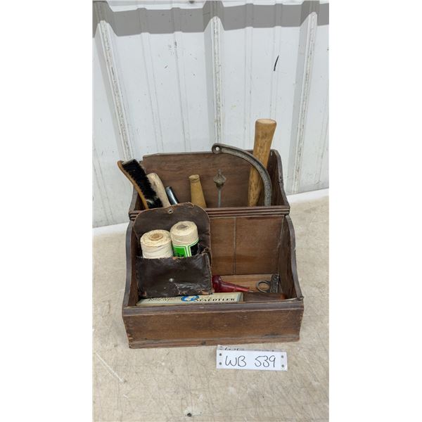 Vintage Leather Tools and Dovetail Box Lot: Leather Lace, Holder, Mallet, Knife, and More