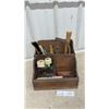 Image 1 : Vintage Leather Tools and Dovetail Box Lot: Leather Lace, Holder, Mallet, Knife, and More