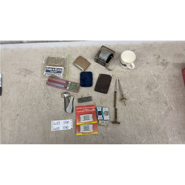 Vintage Shaving Lot: Razor, Blades, Train Mug, Cigarette Cases, Lighter, Strop, and More