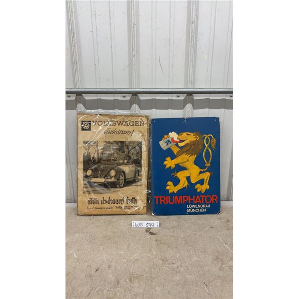 Rare 1950s Thailand Prachayantra Volkswagen Dealership Sign and Löwenbräu Triumphator Beer Sign