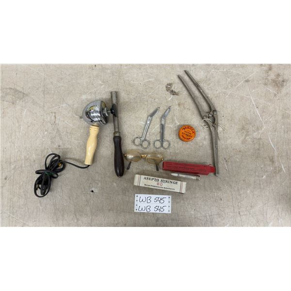 Vintage Doctors Medical Items Lot: Tins, Forceps, Scissors, Glasses, Blood Diluting Device, and