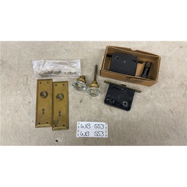 Antique Glass Crystal Door Knobs, Plates, and Mortise Locks, Set of Three with Box
