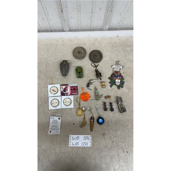 Vintage Corvette Tokens, Key Chains, Hockey Cards, Robot Pin, Lead Cowboy, and More