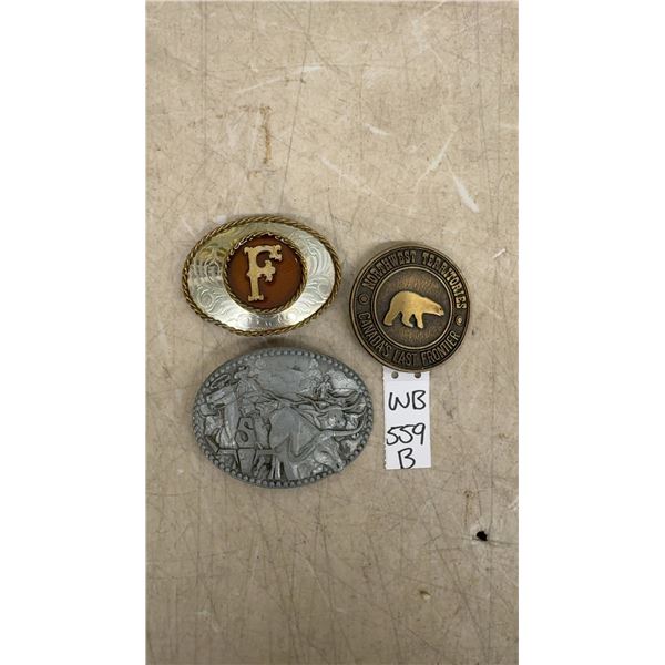 Three Vintage Belt Buckles: Northwest Territories Polar Bear, Zee Series ADM Cowboy, and Twisted