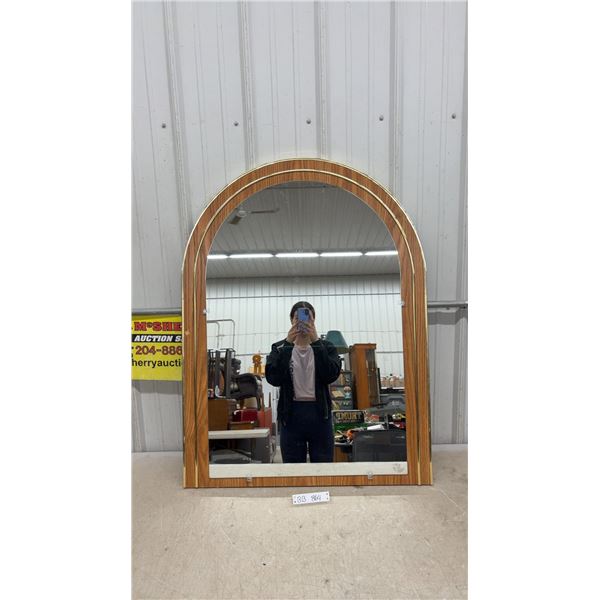 Vintage Arched Wall Mirror with Wood-Look Frame and Brass-Tone Trim - 40" H X 30" W