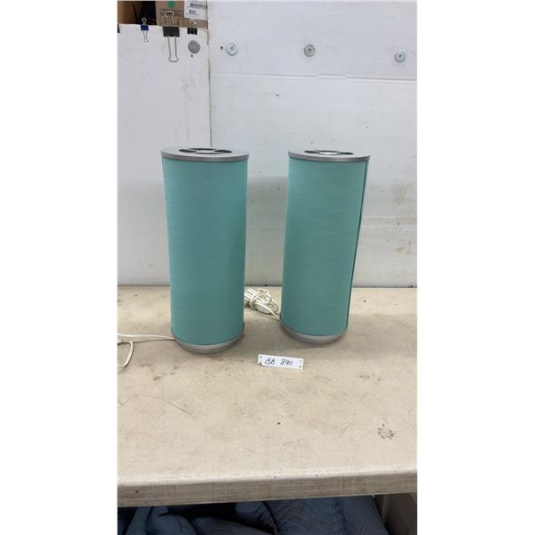 Pair of Teal Cylindrical Table Lamps with Silver-Tone Metal Accents, 19" High