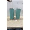 Image 1 : Pair of Teal Cylindrical Table Lamps with Silver-Tone Metal Accents, 19" High