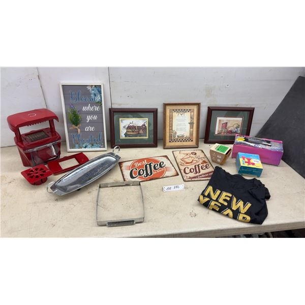 Framed Pictures, Coffee Signs, Serving Tray, Coin Organizer, Veggy Chopper and More