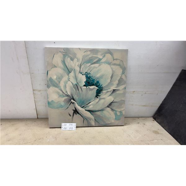 Teal and White Floral Canvas Wall Art on Wooden Stretcher Frame