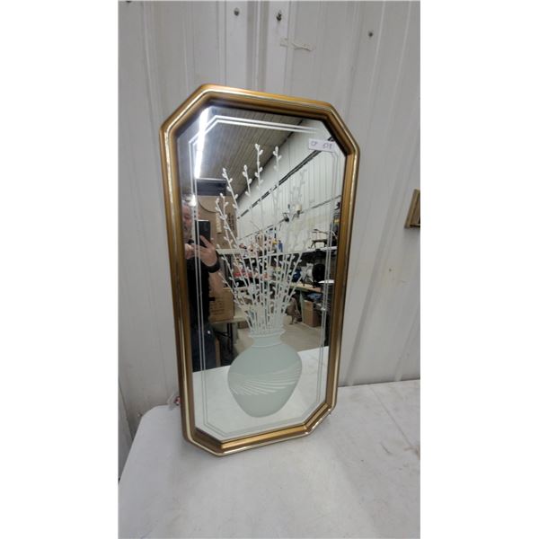 Octagonal Wall Mirror with Etched Frosted Vase and Pussy Willow Design in Gold-Toned Frame 20 x 40"