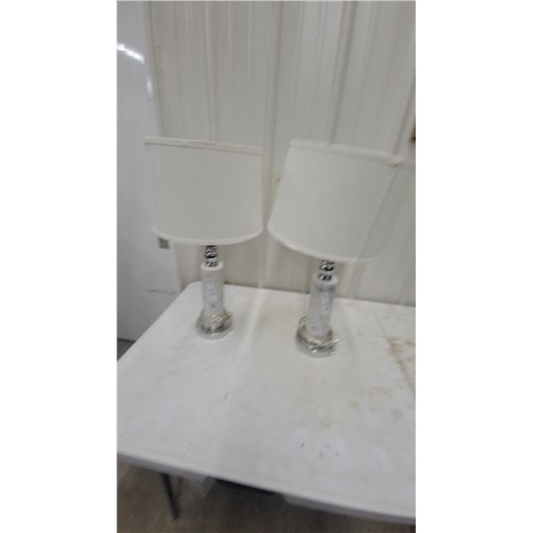 Pair of White Marble Table Lamps with Chrome Accents and White Drum Shades
