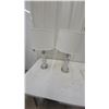 Image 1 : Pair of White Marble Table Lamps with Chrome Accents and White Drum Shades