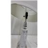Image 5 : Pair of White Marble Table Lamps with Chrome Accents and White Drum Shades